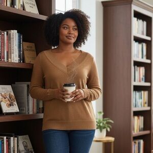 Banana Republic Silk Cashmere V-Neck Sweater Caramel Brown Size Medium